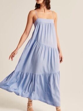 Abercrombie & Fitch Blue Tiered Maxi linen blend Dress
